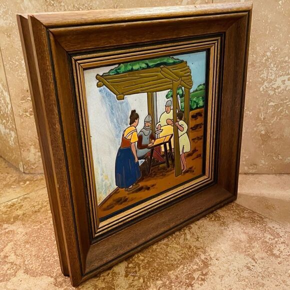 Antique Don Quixote Scene 8” Enameled Clay 8” Square Tiles Custom Framed - Picture 6 of 16